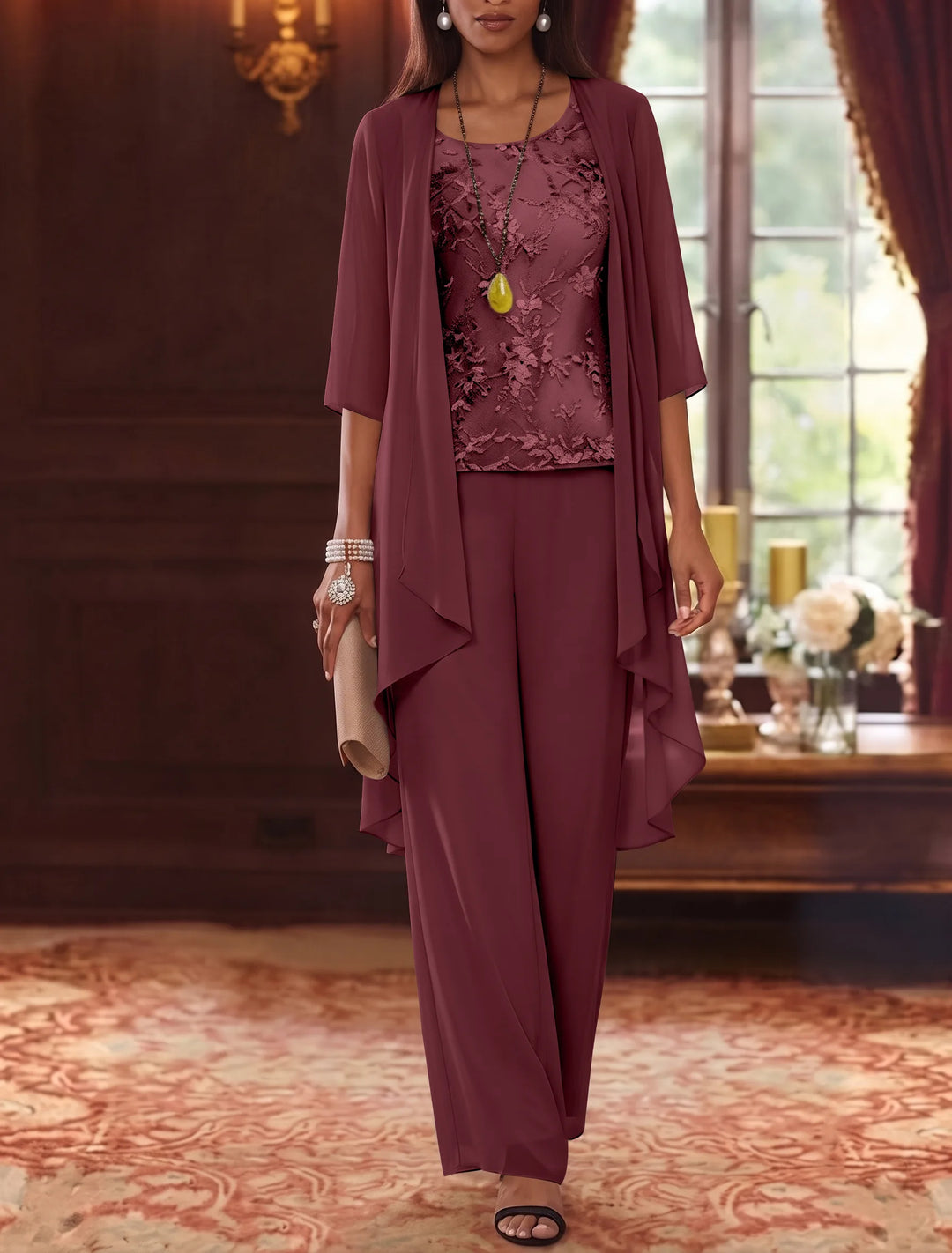 Robe mère de la mariée, Costume-Pantalon, Col Rond, Mousseline, Manches 3/4, Longueur de la Cheville, Dentelle