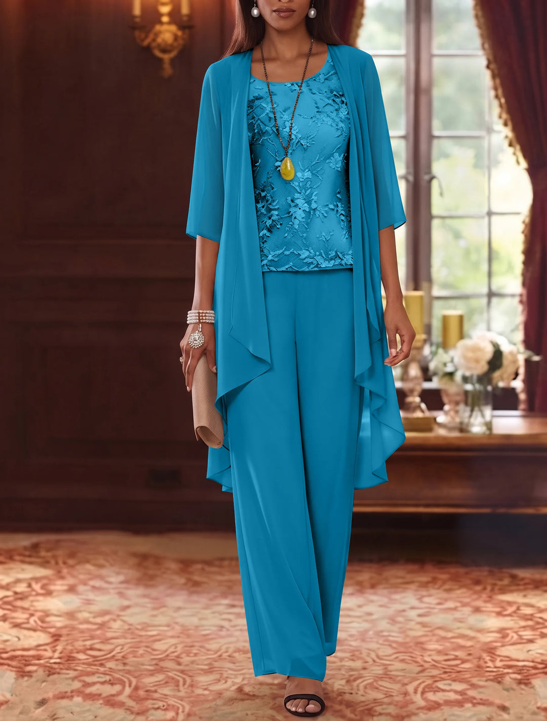 Robe mère de la mariée, Costume-Pantalon, Col Rond, Mousseline, Manches 3/4, Longueur de la Cheville, Dentelle