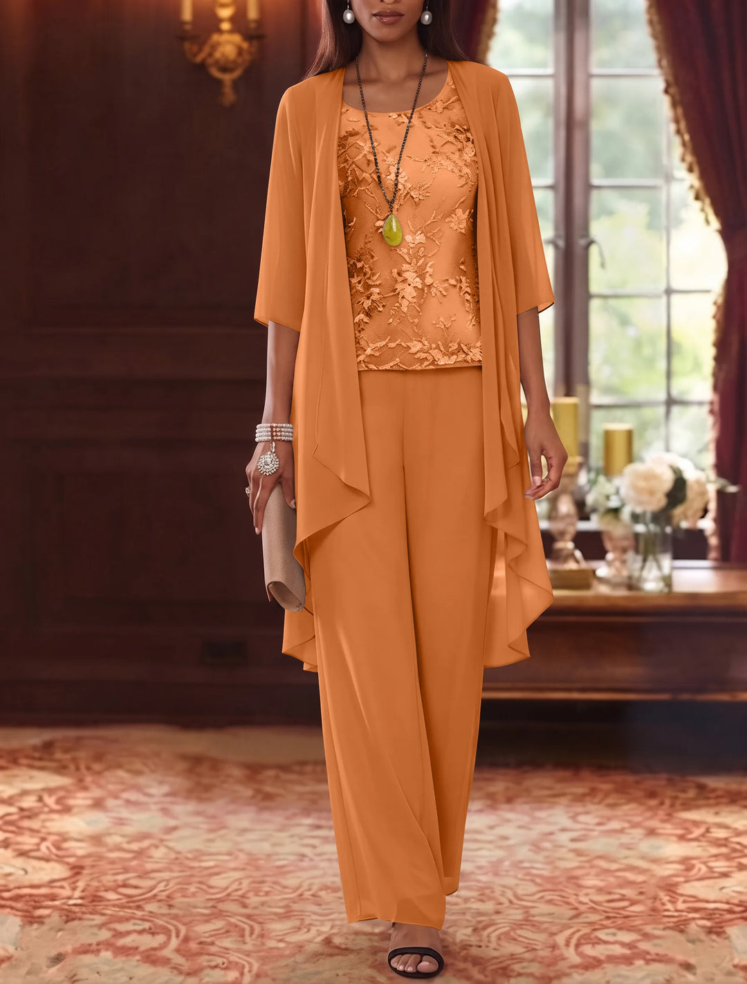 Robe mère de la mariée, Costume-Pantalon, Col Rond, Mousseline, Manches 3/4, Longueur de la Cheville, Dentelle