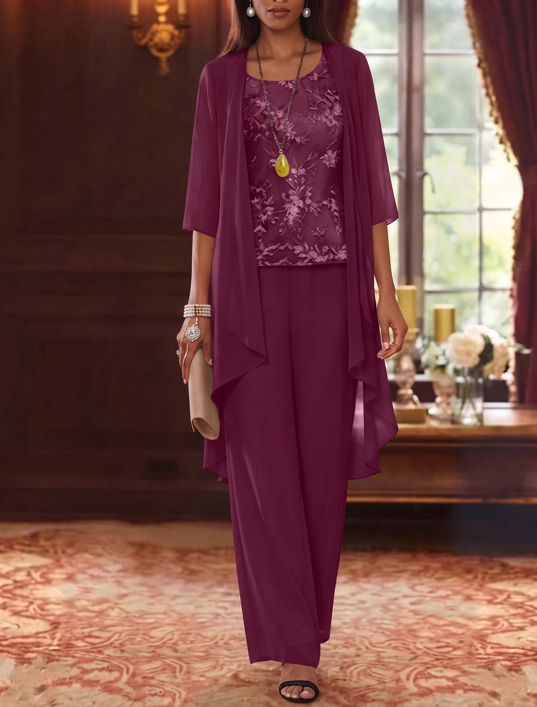 Robe mère de la mariée, Costume-Pantalon, Col Rond, Mousseline, Manches 3/4, Longueur de la Cheville, Dentelle