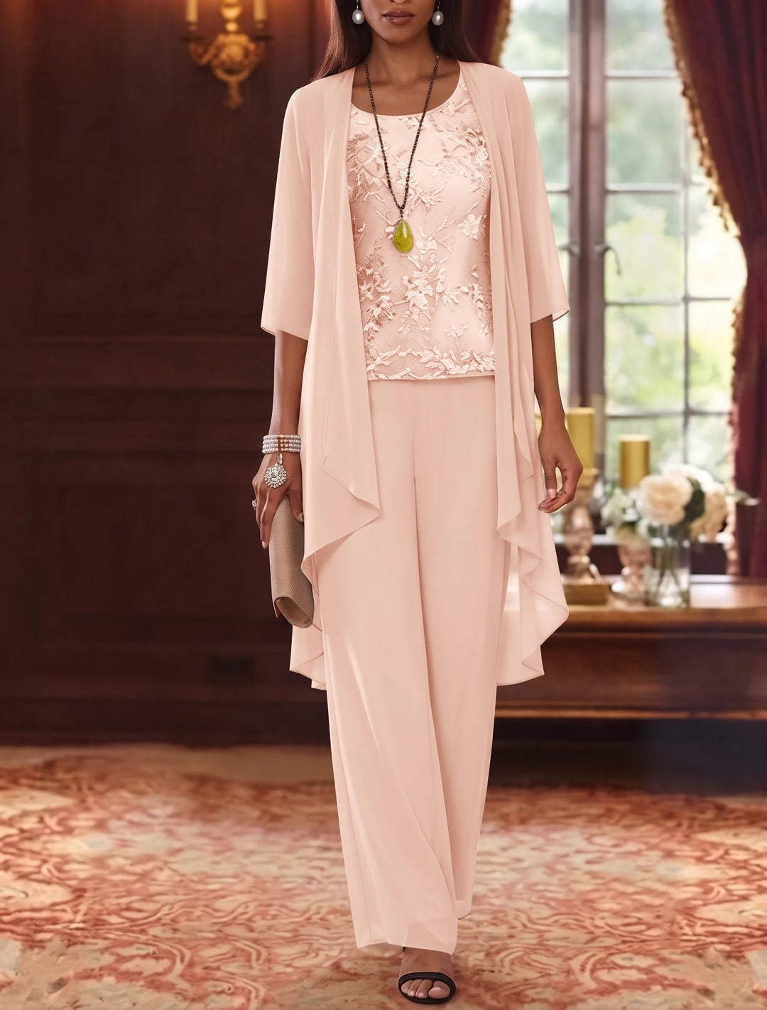 Robe mère de la mariée, Costume-Pantalon, Col Rond, Mousseline, Manches 3/4, Longueur de la Cheville, Dentelle