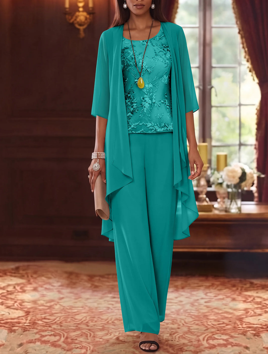 Robe mère de la mariée, Costume-Pantalon, Col Rond, Mousseline, Manches 3/4, Longueur de la Cheville, Dentelle
