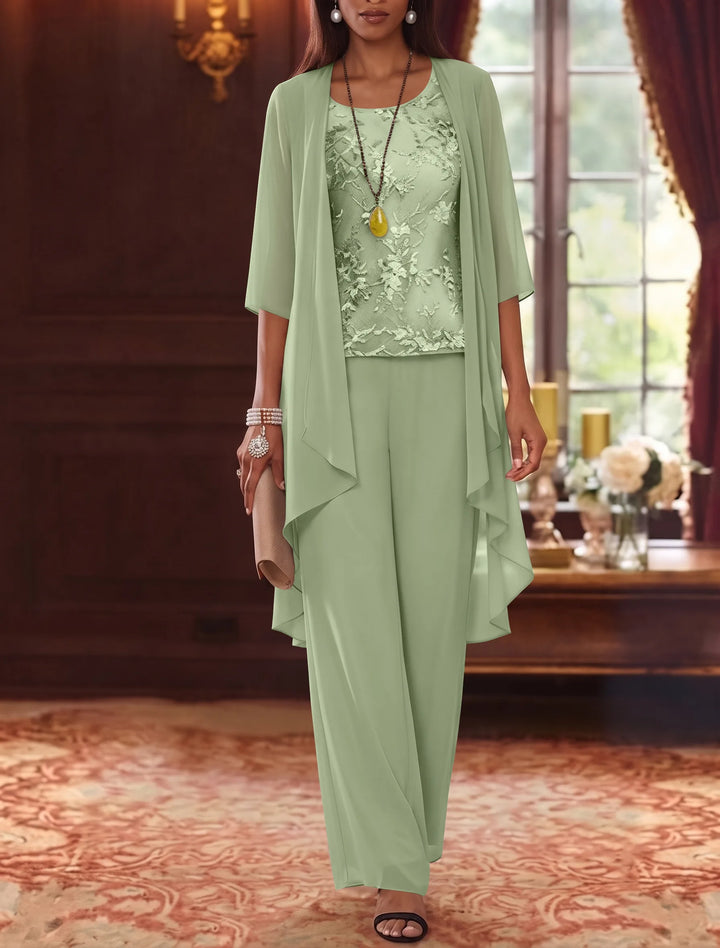 Robe mère de la mariée, Costume-Pantalon, Col Rond, Mousseline, Manches 3/4, Longueur de la Cheville, Dentelle