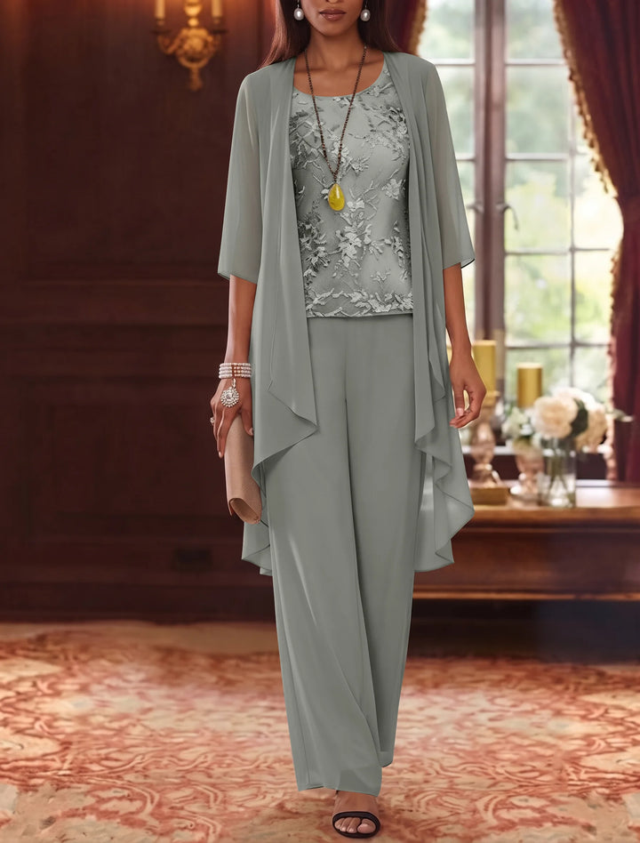 Robe mère de la mariée, Costume-Pantalon, Col Rond, Mousseline, Manches 3/4, Longueur de la Cheville, Dentelle