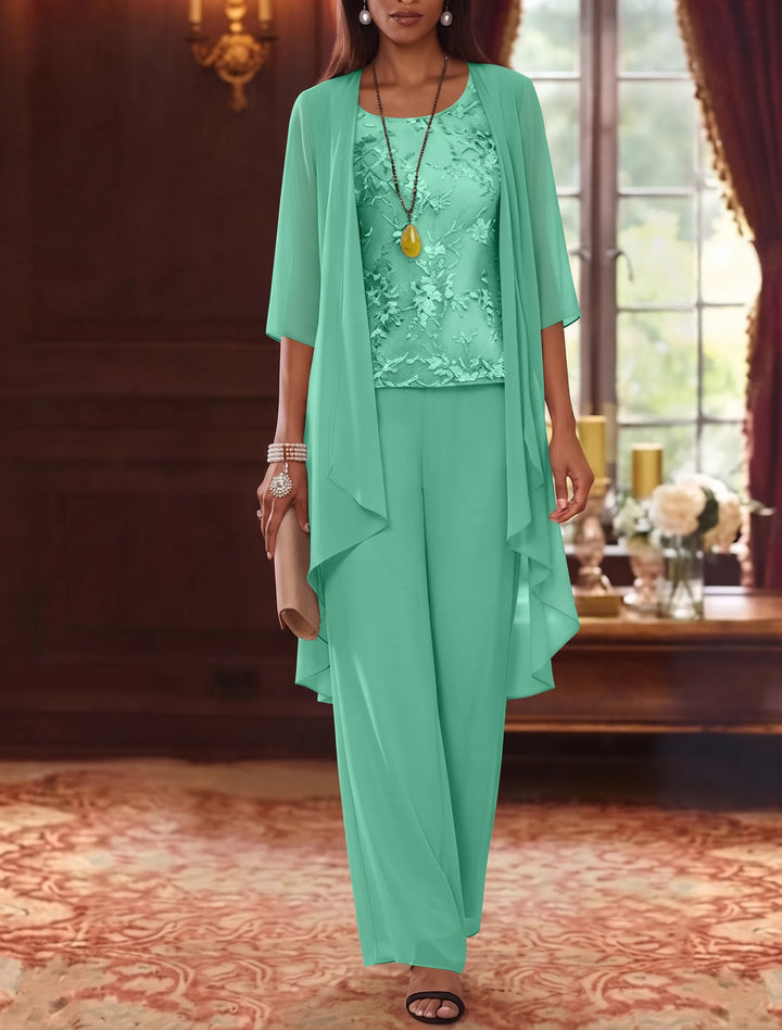 Robe mère de la mariée, Costume-Pantalon, Col Rond, Mousseline, Manches 3/4, Longueur de la Cheville, Dentelle