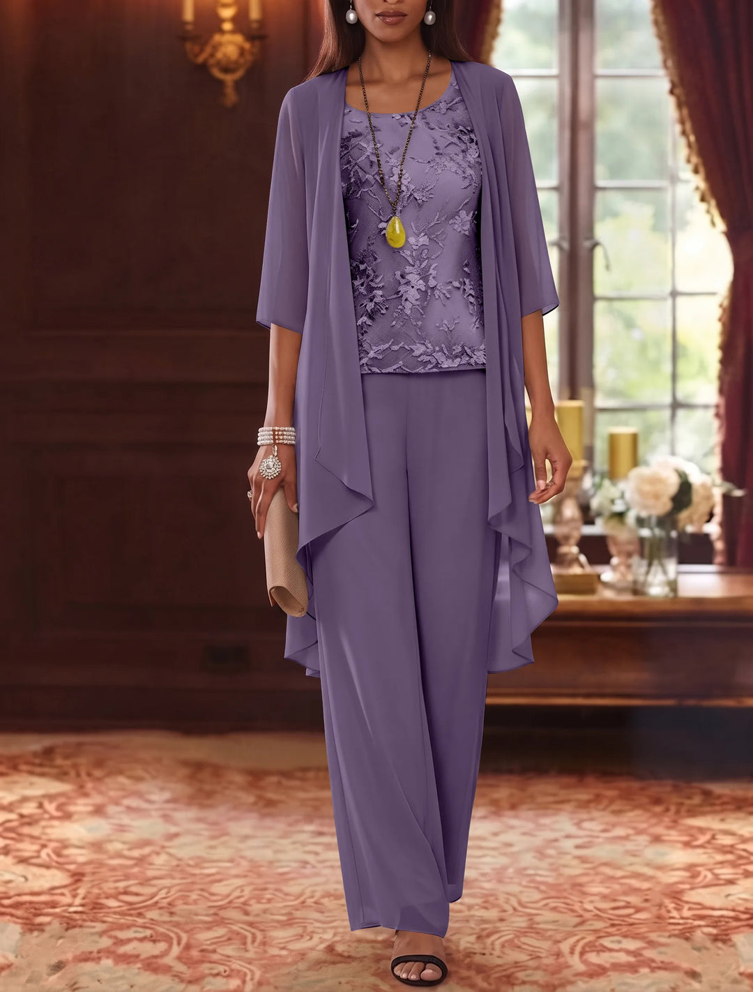 Robe mère de la mariée, Costume-Pantalon, Col Rond, Mousseline, Manches 3/4, Longueur de la Cheville, Dentelle