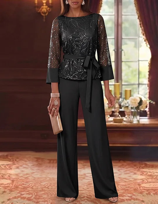 Robe mère de la mariée, Costume-Pantalon, Col Bateau, Mousseline, Manches 3/4, Longueur au Sol, Dentelle Paillettes, avec Ceinture