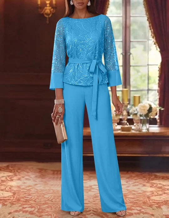 Robe mère de la mariée, Costume-Pantalon, Col Bateau, Mousseline, Manches 3/4, Longueur au Sol, Dentelle Paillettes, avec Ceinture