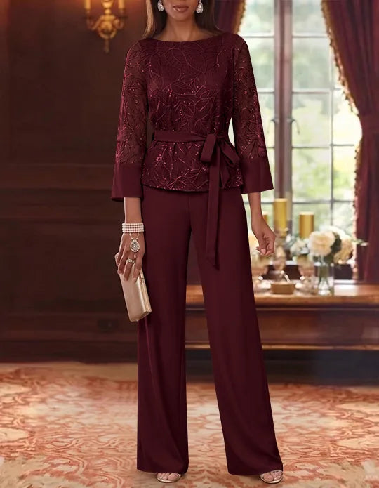 Robe mère de la mariée, Costume-Pantalon, Col Bateau, Mousseline, Manches 3/4, Longueur au Sol, Dentelle Paillettes, avec Ceinture