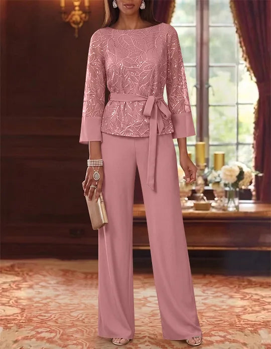 Robe mère de la mariée, Costume-Pantalon, Col Bateau, Mousseline, Manches 3/4, Longueur au Sol, Dentelle Paillettes, avec Ceinture