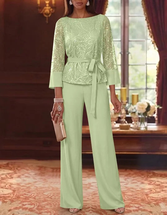 Robe mère de la mariée, Costume-Pantalon, Col Bateau, Mousseline, Manches 3/4, Longueur au Sol, Dentelle Paillettes, avec Ceinture