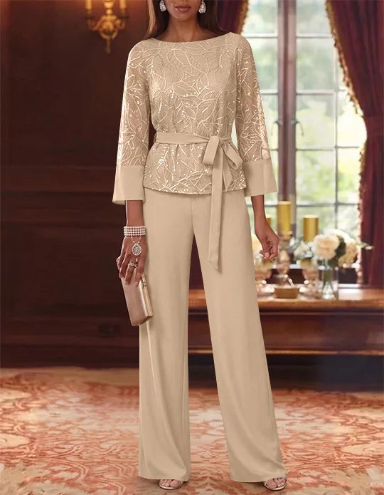 Robe mère de la mariée, Costume-Pantalon, Col Bateau, Mousseline, Manches 3/4, Longueur au Sol, Dentelle Paillettes, avec Ceinture