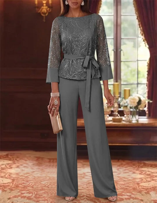 Robe mère de la mariée, Costume-Pantalon, Col Bateau, Mousseline, Manches 3/4, Longueur au Sol, Dentelle Paillettes, avec Ceinture