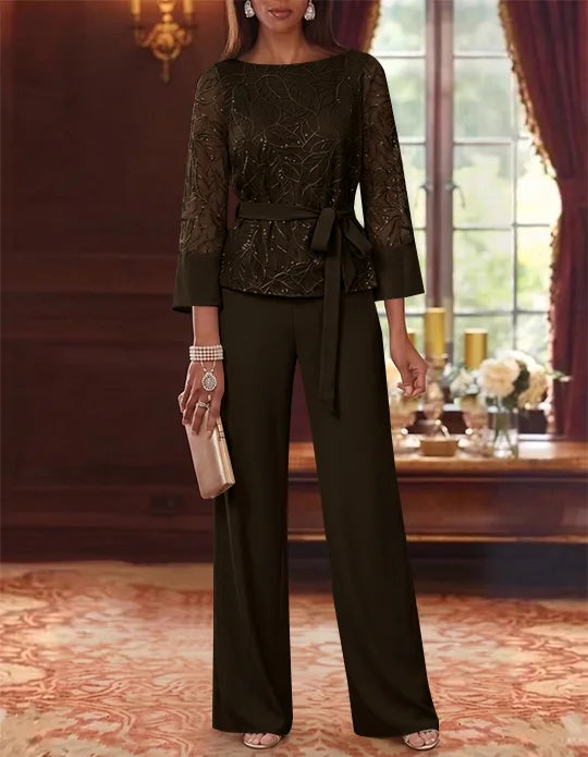 Robe mère de la mariée, Costume-Pantalon, Col Bateau, Mousseline, Manches 3/4, Longueur au Sol, Dentelle Paillettes, avec Ceinture