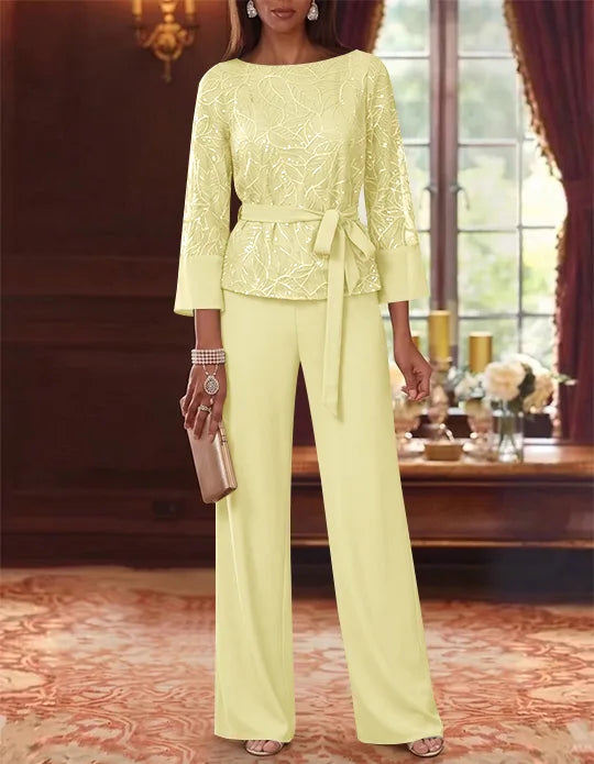 Robe mère de la mariée, Costume-Pantalon, Col Bateau, Mousseline, Manches 3/4, Longueur au Sol, Dentelle Paillettes, avec Ceinture