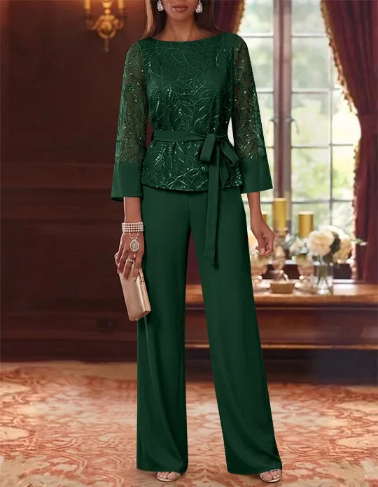Robe mère de la mariée, Costume-Pantalon, Col Bateau, Mousseline, Manches 3/4, Longueur au Sol, Dentelle Paillettes, avec Ceinture