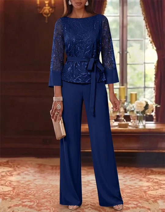 Robe mère de la mariée, Costume-Pantalon, Col Bateau, Mousseline, Manches 3/4, Longueur au Sol, Dentelle Paillettes, avec Ceinture