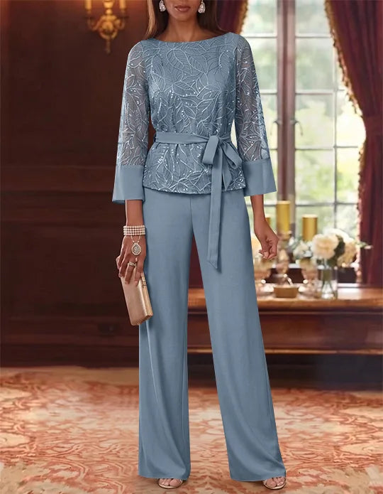 Robe mère de la mariée, Costume-Pantalon, Col Bateau, Mousseline, Manches 3/4, Longueur au Sol, Dentelle Paillettes, avec Ceinture