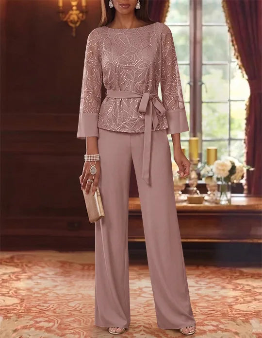Robe mère de la mariée, Costume-Pantalon, Col Bateau, Mousseline, Manches 3/4, Longueur au Sol, Dentelle Paillettes, avec Ceinture