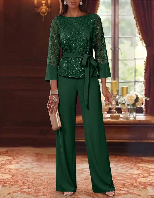 Robe mère de la mariée, Costume-Pantalon, Col Bateau, Mousseline, Manches 3/4, Longueur au Sol, Dentelle Paillettes, avec Ceinture