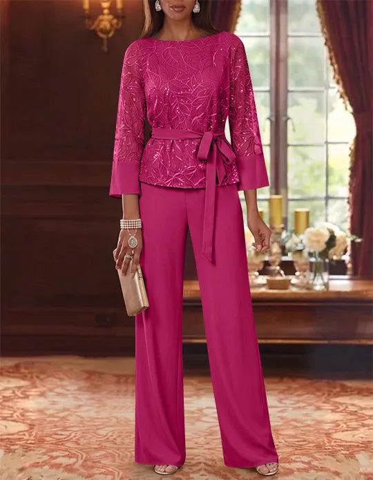 Robe mère de la mariée, Costume-Pantalon, Col Bateau, Mousseline, Manches 3/4, Longueur au Sol, Dentelle Paillettes, avec Ceinture