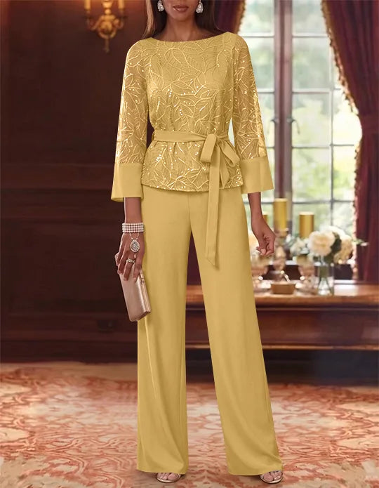 Robe mère de la mariée, Costume-Pantalon, Col Bateau, Mousseline, Manches 3/4, Longueur au Sol, Dentelle Paillettes, avec Ceinture