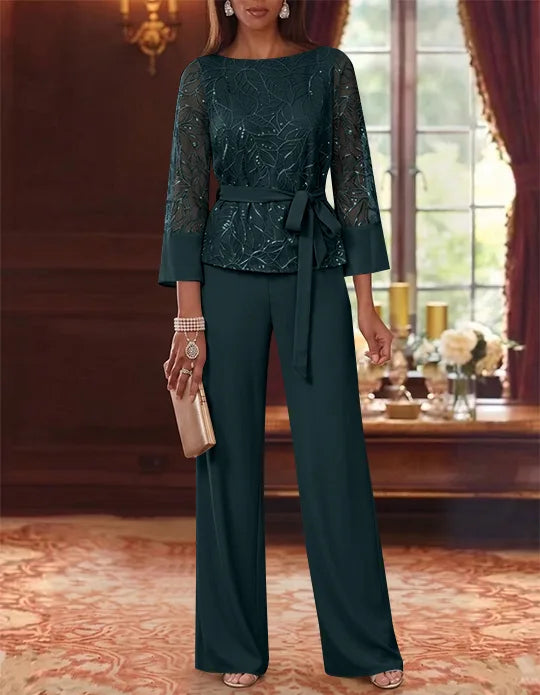 Robe mère de la mariée, Costume-Pantalon, Col Bateau, Mousseline, Manches 3/4, Longueur au Sol, Dentelle Paillettes, avec Ceinture