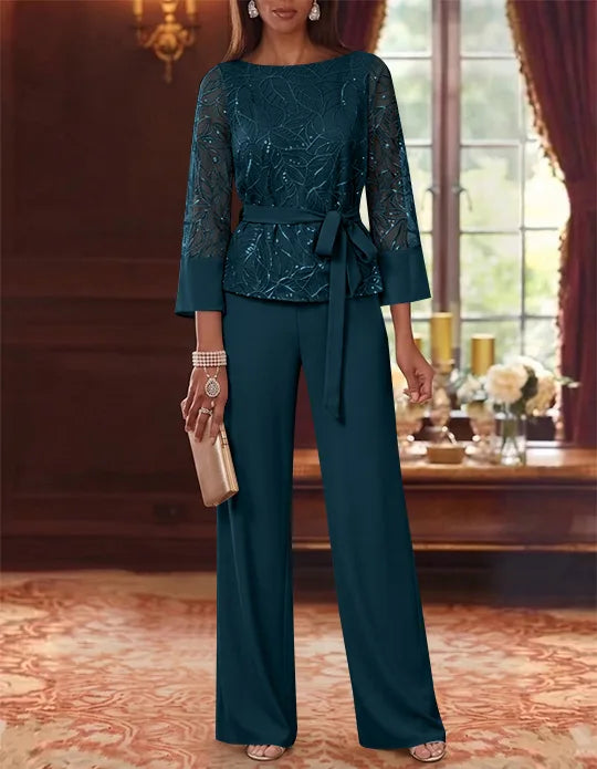 Robe mère de la mariée, Costume-Pantalon, Col Bateau, Mousseline, Manches 3/4, Longueur au Sol, Dentelle Paillettes, avec Ceinture