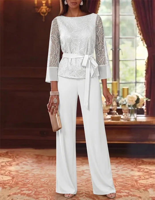 Robe mère de la mariée, Costume-Pantalon, Col Bateau, Mousseline, Manches 3/4, Longueur au Sol, Dentelle Paillettes, avec Ceinture