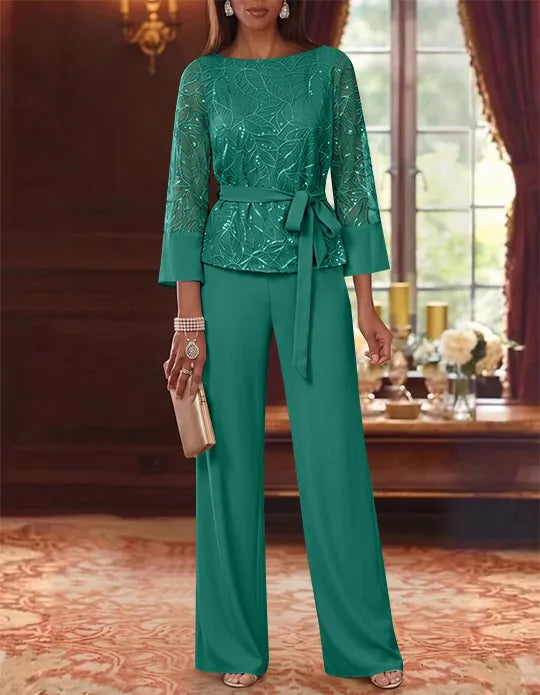 Robe mère de la mariée, Costume-Pantalon, Col Bateau, Mousseline, Manches 3/4, Longueur au Sol, Dentelle Paillettes, avec Ceinture