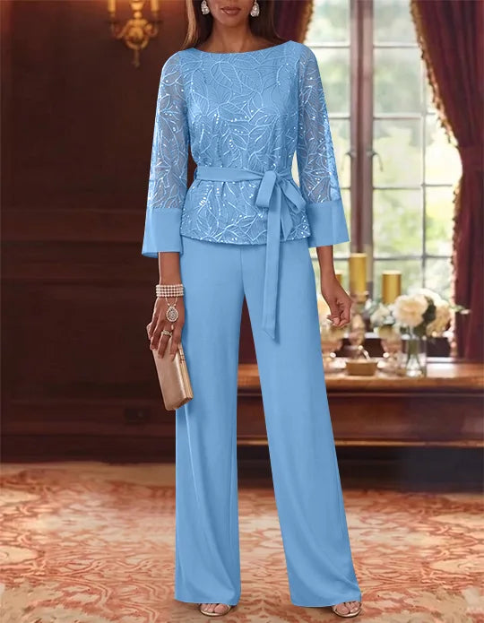 Robe mère de la mariée, Costume-Pantalon, Col Bateau, Mousseline, Manches 3/4, Longueur au Sol, Dentelle Paillettes, avec Ceinture