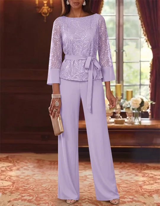 Robe mère de la mariée, Costume-Pantalon, Col Bateau, Mousseline, Manches 3/4, Longueur au Sol, Dentelle Paillettes, avec Ceinture