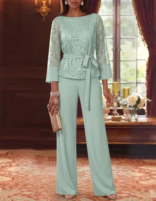 Robe mère de la mariée, Costume-Pantalon, Col Bateau, Mousseline, Manches 3/4, Longueur au Sol, Dentelle Paillettes, avec Ceinture