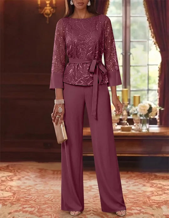 Robe mère de la mariée, Costume-Pantalon, Col Bateau, Mousseline, Manches 3/4, Longueur au Sol, Dentelle Paillettes, avec Ceinture