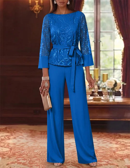 Robe mère de la mariée, Costume-Pantalon, Col Bateau, Mousseline, Manches 3/4, Longueur au Sol, Dentelle Paillettes, avec Ceinture