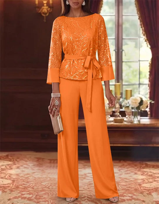 Robe mère de la mariée, Costume-Pantalon, Col Bateau, Mousseline, Manches 3/4, Longueur au Sol, Dentelle Paillettes, avec Ceinture