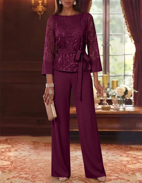 Robe mère de la mariée, Costume-Pantalon, Col Bateau, Mousseline, Manches 3/4, Longueur au Sol, Dentelle Paillettes, avec Ceinture