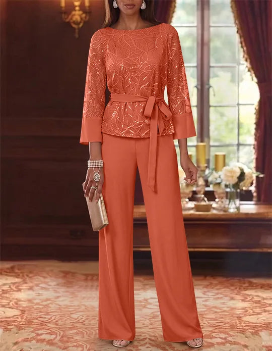 Robe mère de la mariée, Costume-Pantalon, Col Bateau, Mousseline, Manches 3/4, Longueur au Sol, Dentelle Paillettes, avec Ceinture