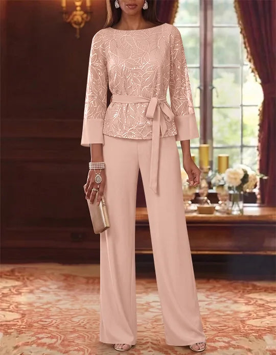 Robe mère de la mariée, Costume-Pantalon, Col Bateau, Mousseline, Manches 3/4, Longueur au Sol, Dentelle Paillettes, avec Ceinture