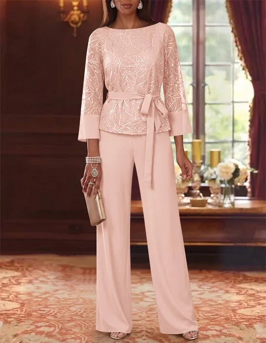 Robe mère de la mariée, Costume-Pantalon, Col Bateau, Mousseline, Manches 3/4, Longueur au Sol, Dentelle Paillettes, avec Ceinture