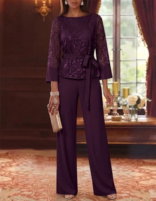 Robe mère de la mariée, Costume-Pantalon, Col Bateau, Mousseline, Manches 3/4, Longueur au Sol, Dentelle Paillettes, avec Ceinture