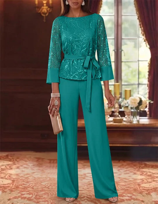 Robe mère de la mariée, Costume-Pantalon, Col Bateau, Mousseline, Manches 3/4, Longueur au Sol, Dentelle Paillettes, avec Ceinture