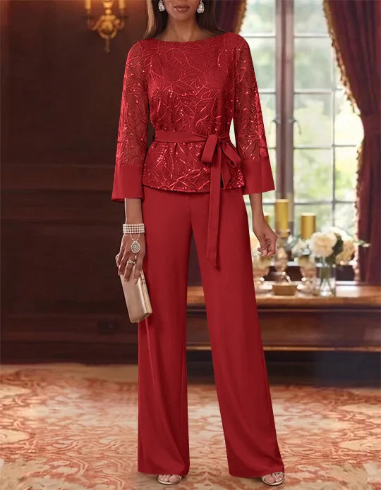 Robe mère de la mariée, Costume-Pantalon, Col Bateau, Mousseline, Manches 3/4, Longueur au Sol, Dentelle Paillettes, avec Ceinture