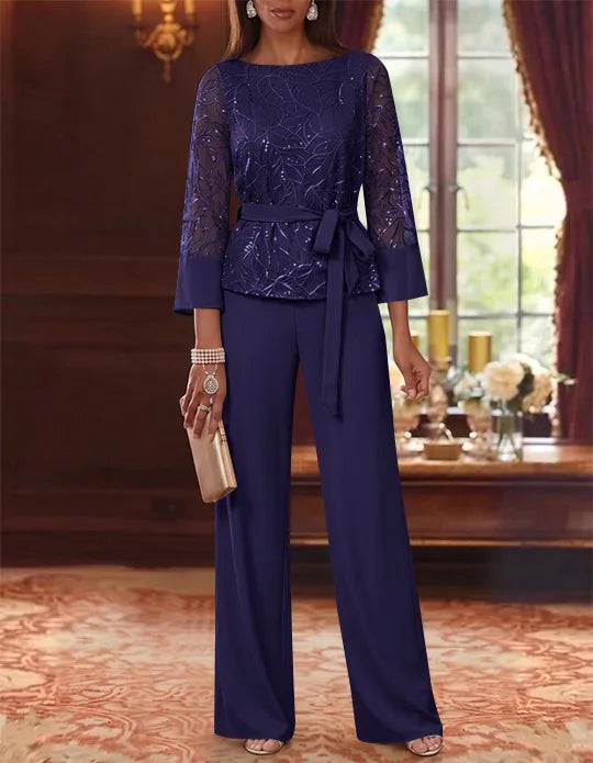 Robe mère de la mariée, Costume-Pantalon, Col Bateau, Mousseline, Manches 3/4, Longueur au Sol, Dentelle Paillettes, avec Ceinture