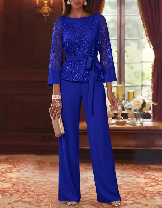 Robe mère de la mariée, Costume-Pantalon, Col Bateau, Mousseline, Manches 3/4, Longueur au Sol, Dentelle Paillettes, avec Ceinture