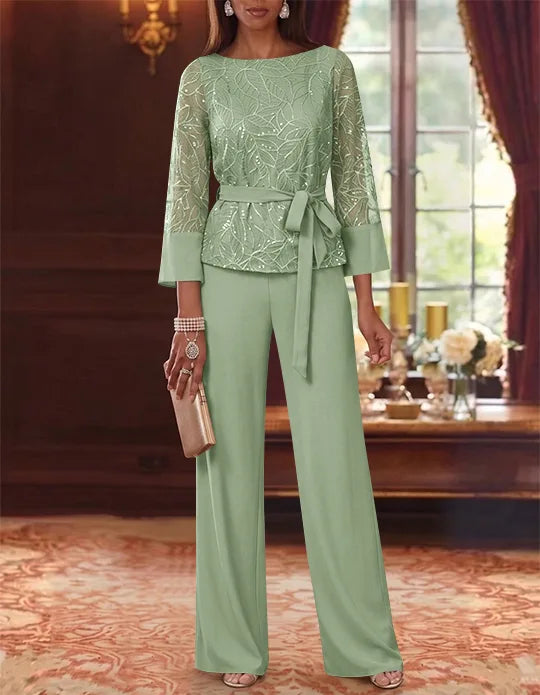 Robe mère de la mariée, Costume-Pantalon, Col Bateau, Mousseline, Manches 3/4, Longueur au Sol, Dentelle Paillettes, avec Ceinture