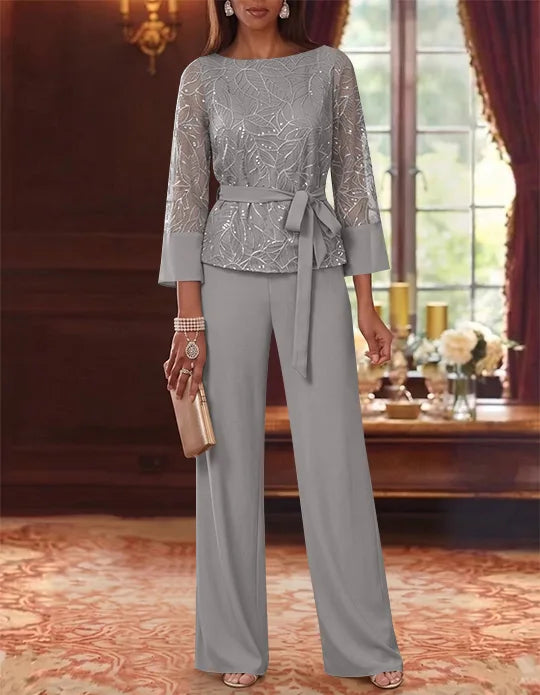 Robe mère de la mariée, Costume-Pantalon, Col Bateau, Mousseline, Manches 3/4, Longueur au Sol, Dentelle Paillettes, avec Ceinture
