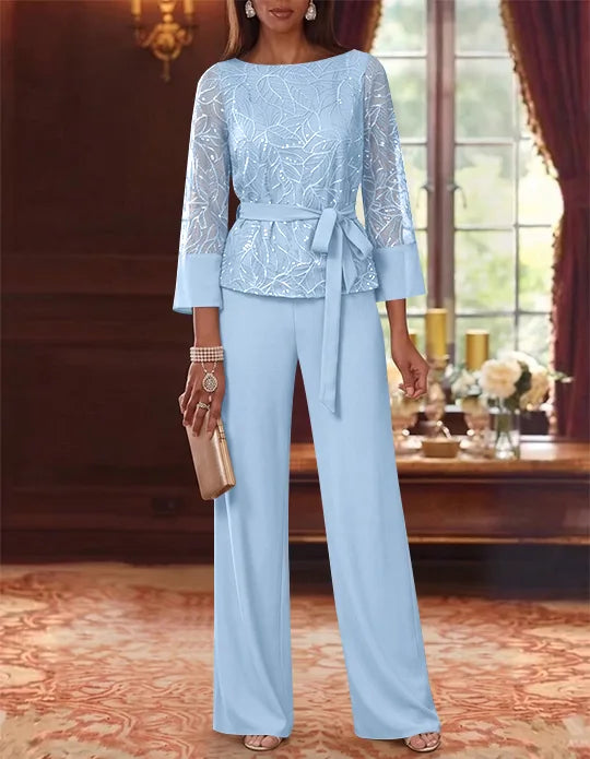 Robe mère de la mariée, Costume-Pantalon, Col Bateau, Mousseline, Manches 3/4, Longueur au Sol, Dentelle Paillettes, avec Ceinture