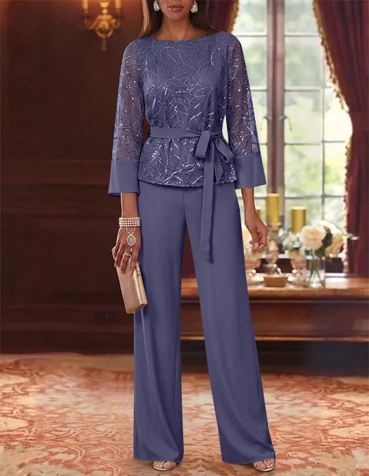 Robe mère de la mariée, Costume-Pantalon, Col Bateau, Mousseline, Manches 3/4, Longueur au Sol, Dentelle Paillettes, avec Ceinture