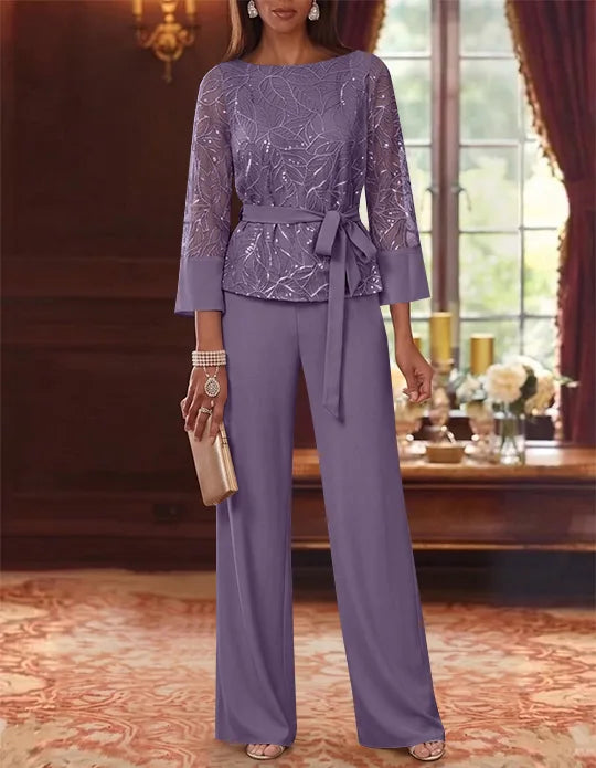 Robe mère de la mariée, Costume-Pantalon, Col Bateau, Mousseline, Manches 3/4, Longueur au Sol, Dentelle Paillettes, avec Ceinture